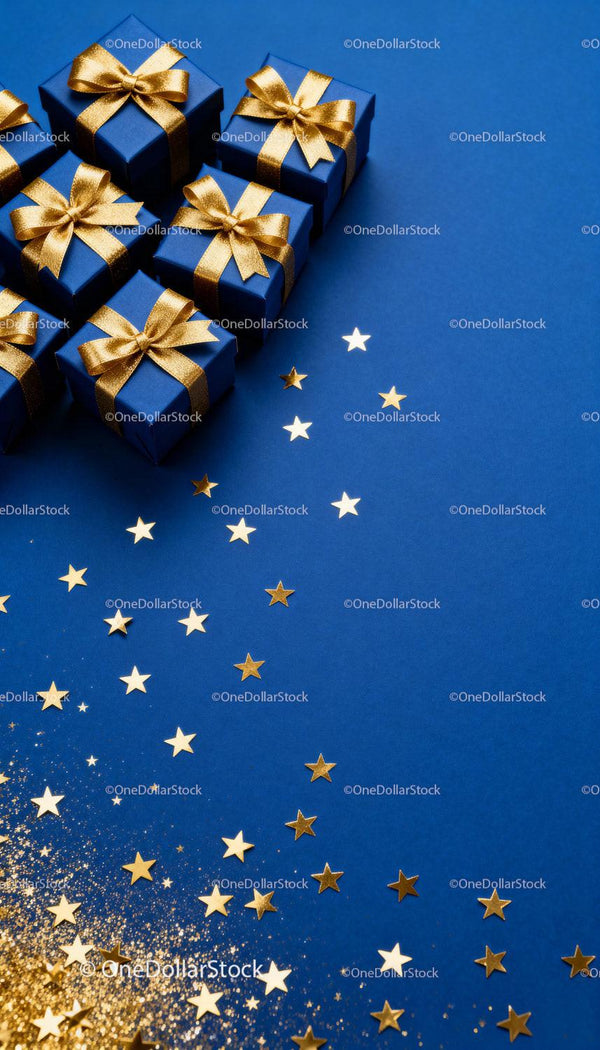 Elegant Blue Gift Boxes with Golden Ribbons and Stars