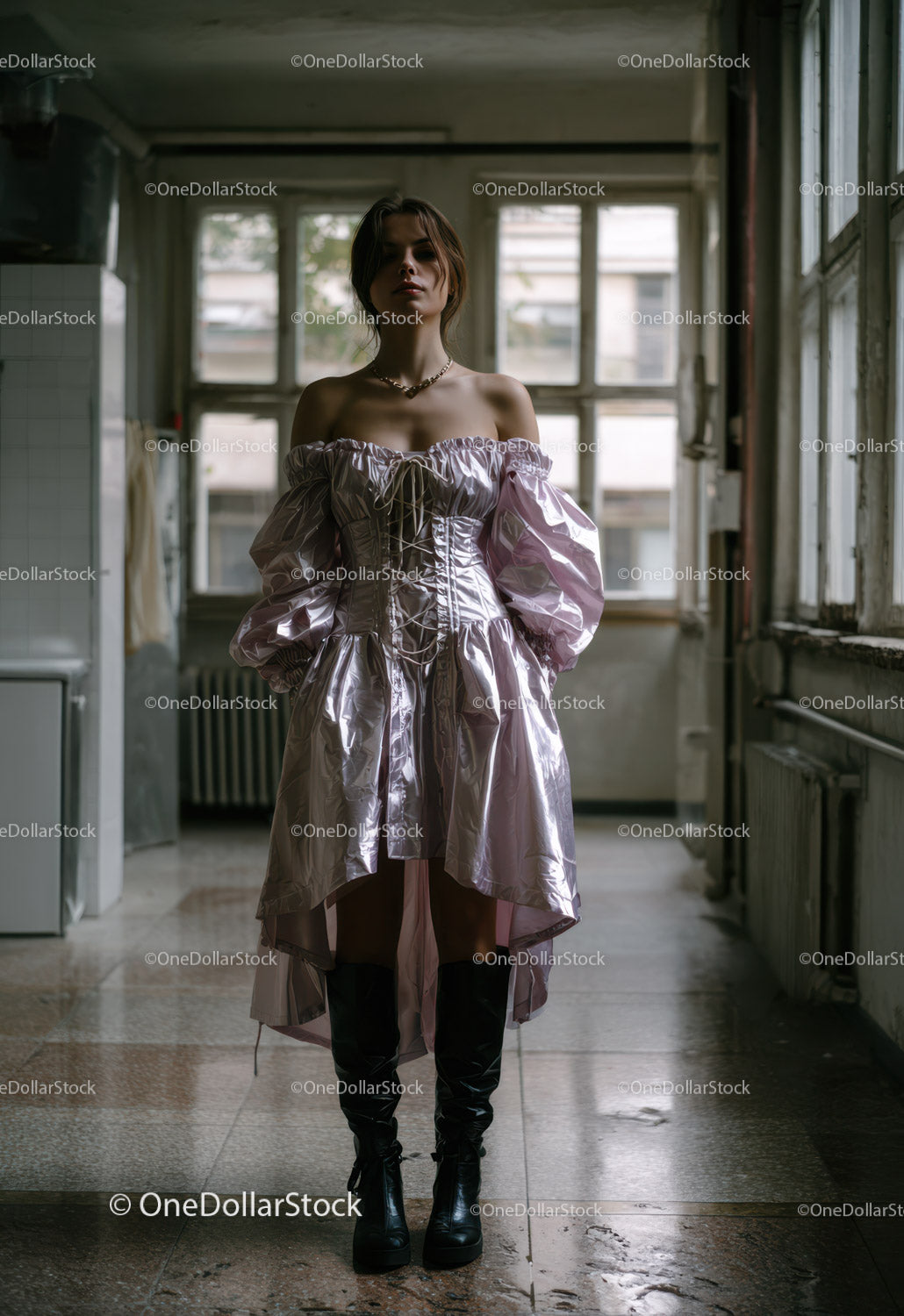 Fashion Model Wearing Oversized Metallic Pink Dress and Black Boots