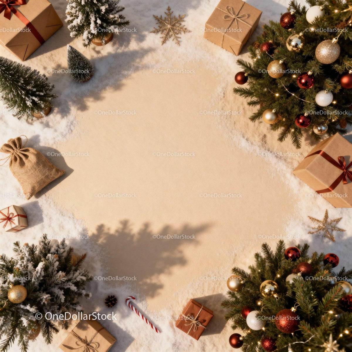 Festive Christmas gifts and decorated fir branches on snow