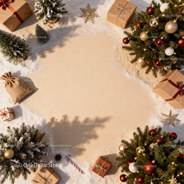 Festive Christmas gifts and decorated fir branches on snow