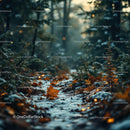 Frosty forest path with autumn leaves and glowing lights