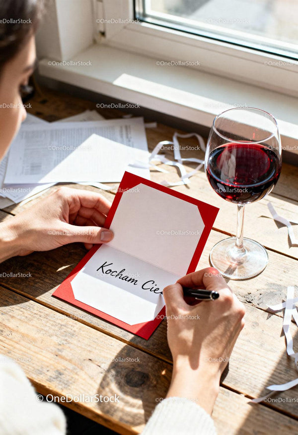 Man Writing Love Note Near Red Wine by Window