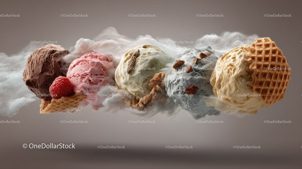 Assorted Ice Cream Scoops with Waffle Cones and Toppings
