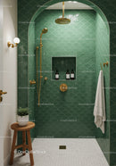 Contemporary green tiled shower with brass fixtures