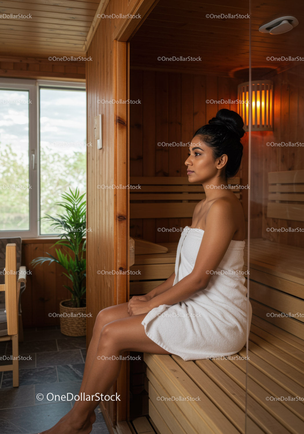 Relaxing Woman Sitting in Sauna Room in Spa or Wellness Center