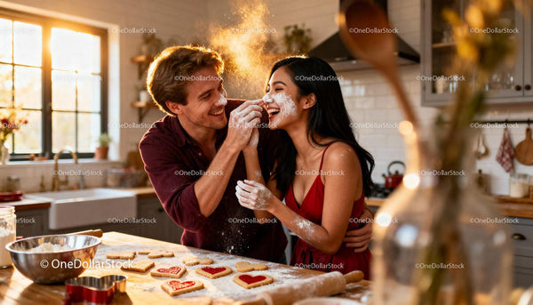 Couple Playfully Baking Heart Cookies Together