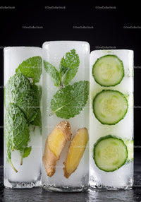 Fresh herbs ginger and cucumber ice cubes in dark