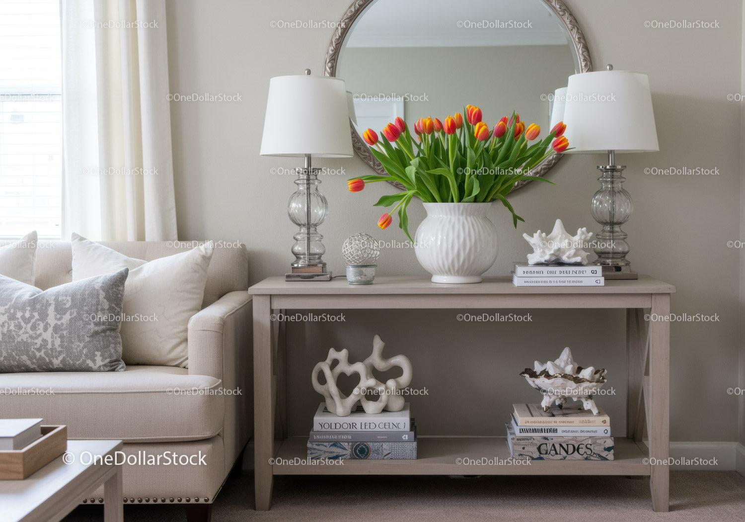 Elegancki salon z tulipanami i nowoczesnym wystrojem