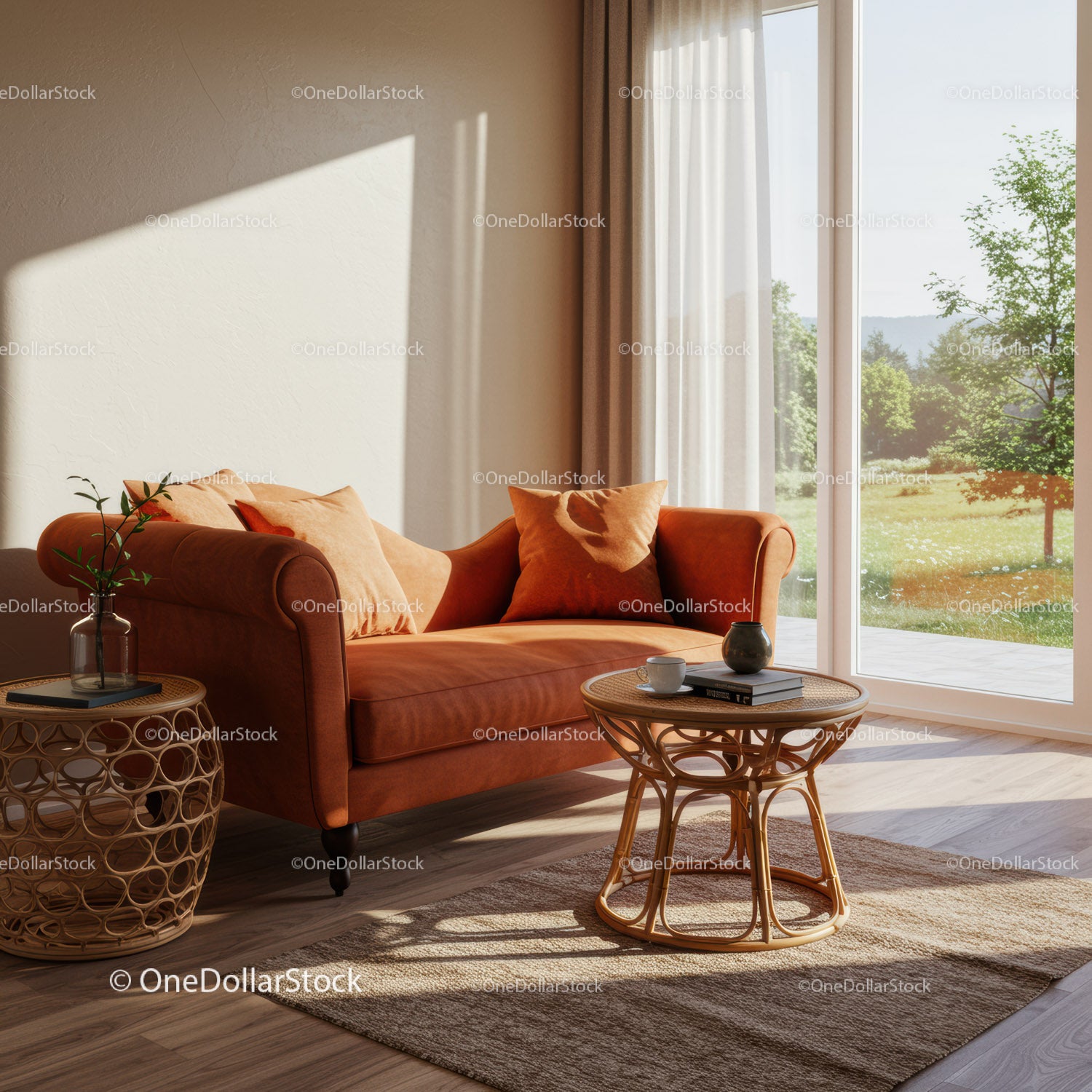 Przytulna pomarańczowa sofa z poduszkami przy słonecznym oknie