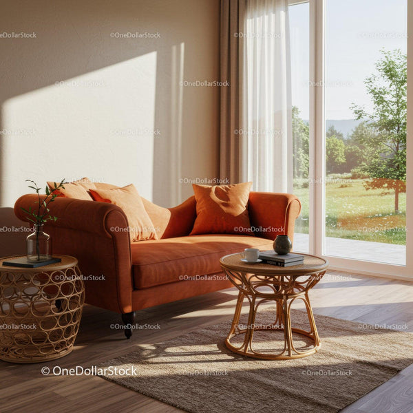 Cozy orange sofa with cushions near sunny window