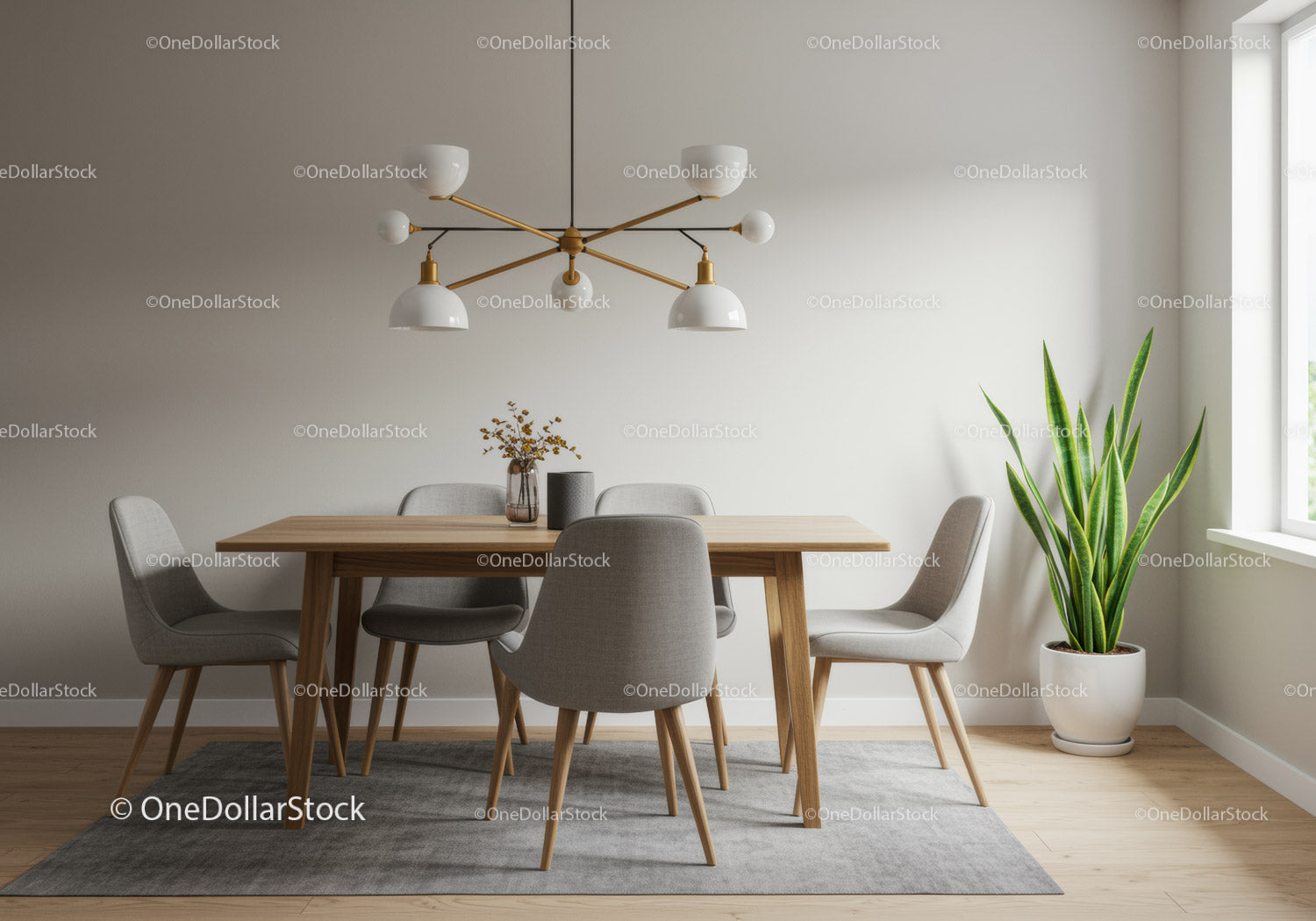 Minimalist Dining Room with Wooden Table and Green Plant for Home Decor