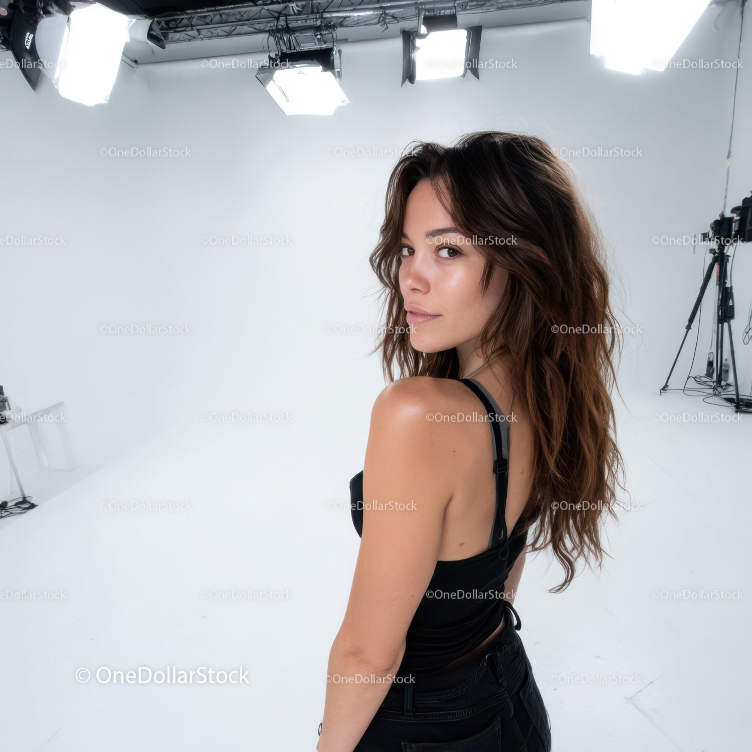 Fashion Model in Black Spaghetti Strap Top in Studio Setting