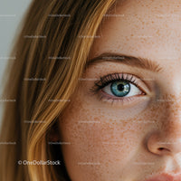 Close up of freckled woman with striking blue eye