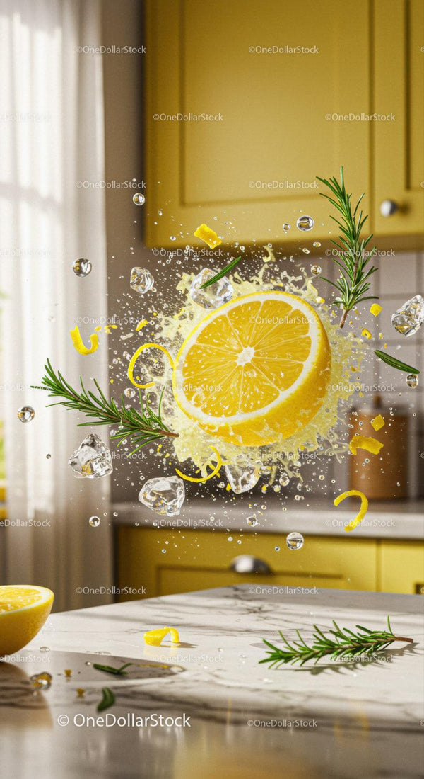 Fresh Lemon Slice Splash with Rosemary and Ice Cubes