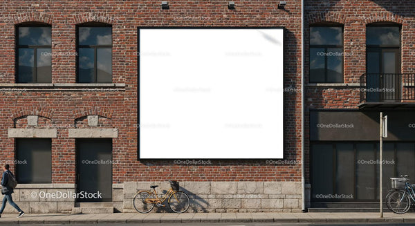 Urban brick wall with large blank billboard and bicycles JPG Mockup Image
