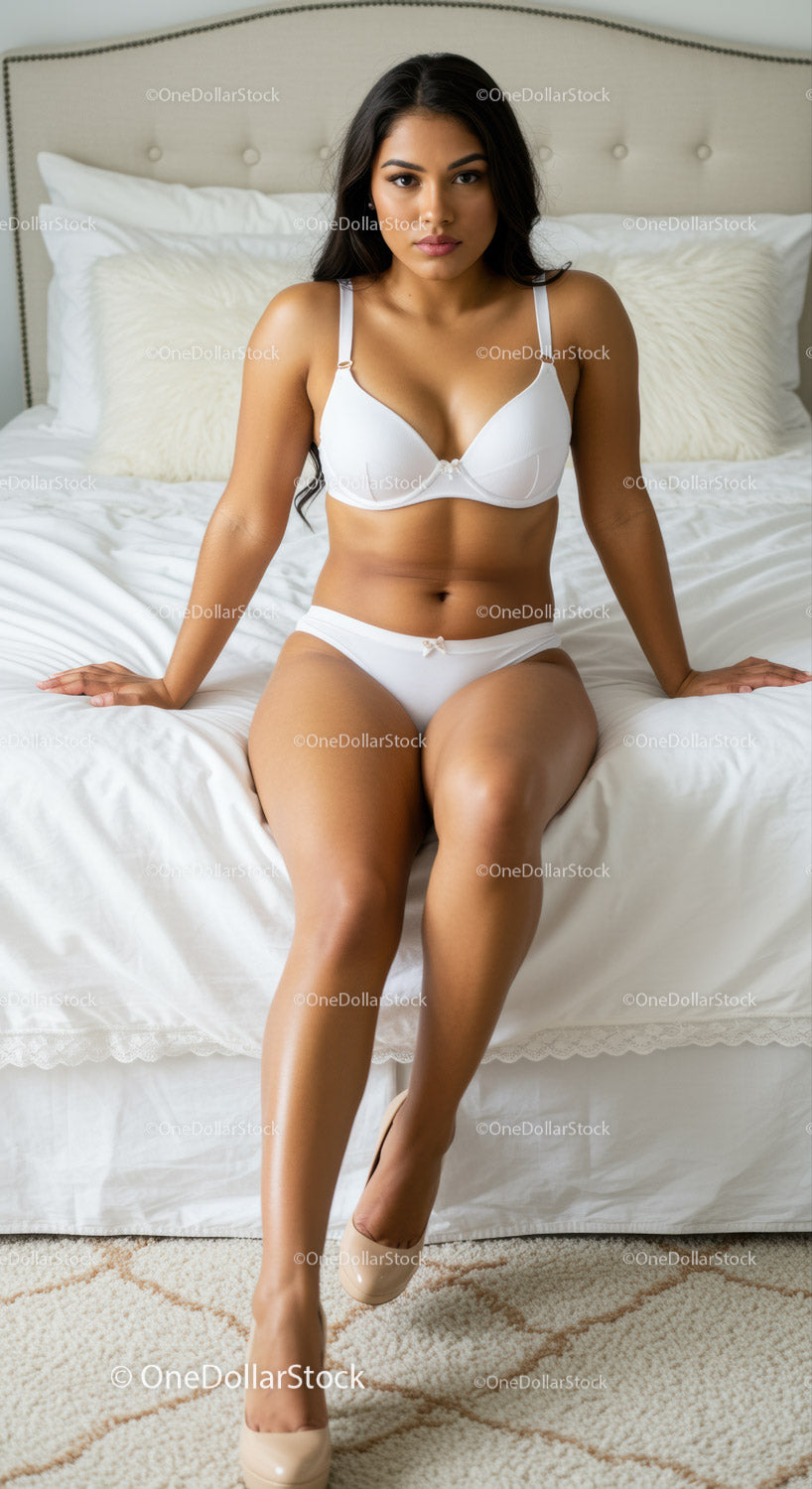 Confident woman sitting on bed in white lingerie
