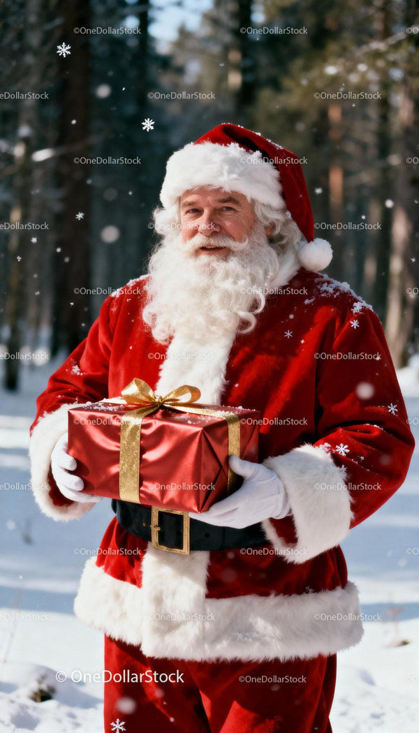 Santa Claus Holding Gift in Snowy Forest