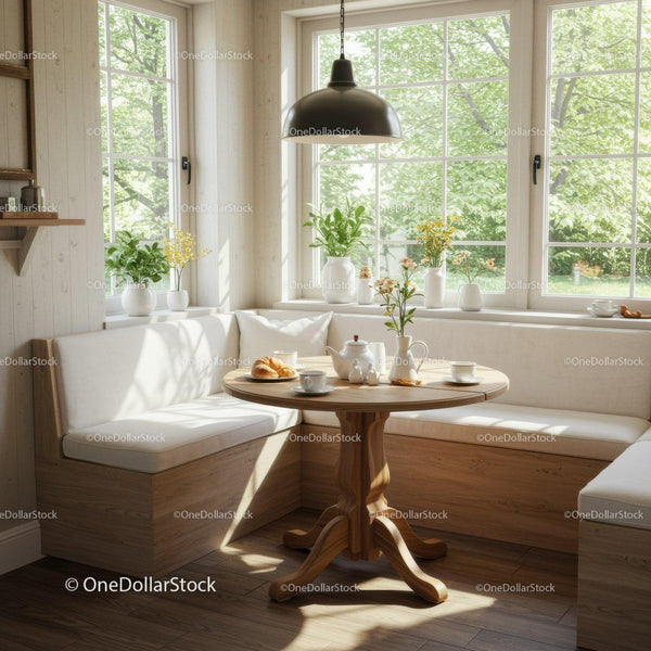 Cozy breakfast nook with natural light and plants