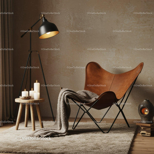 Cozy corner with leather chair and soft blanket