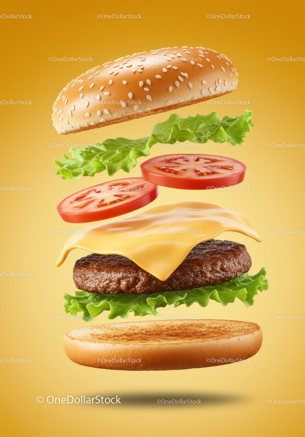 Dekonstruowany cheeseburger ze świeżymi warzywami pływającymi