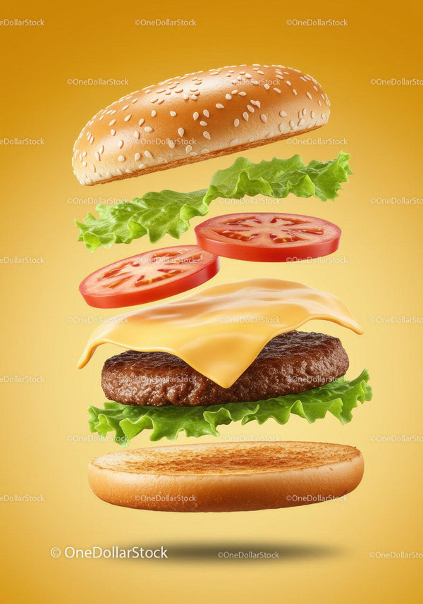 Deconstructed cheeseburger with fresh vegetables floating