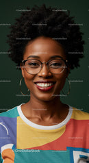 Smiling Black Woman with Afro Hairstyle and Glasses in Colorful Clothing