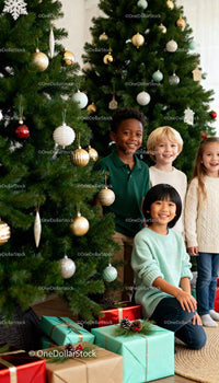 Smiling children near decorated Christmas trees and gifts