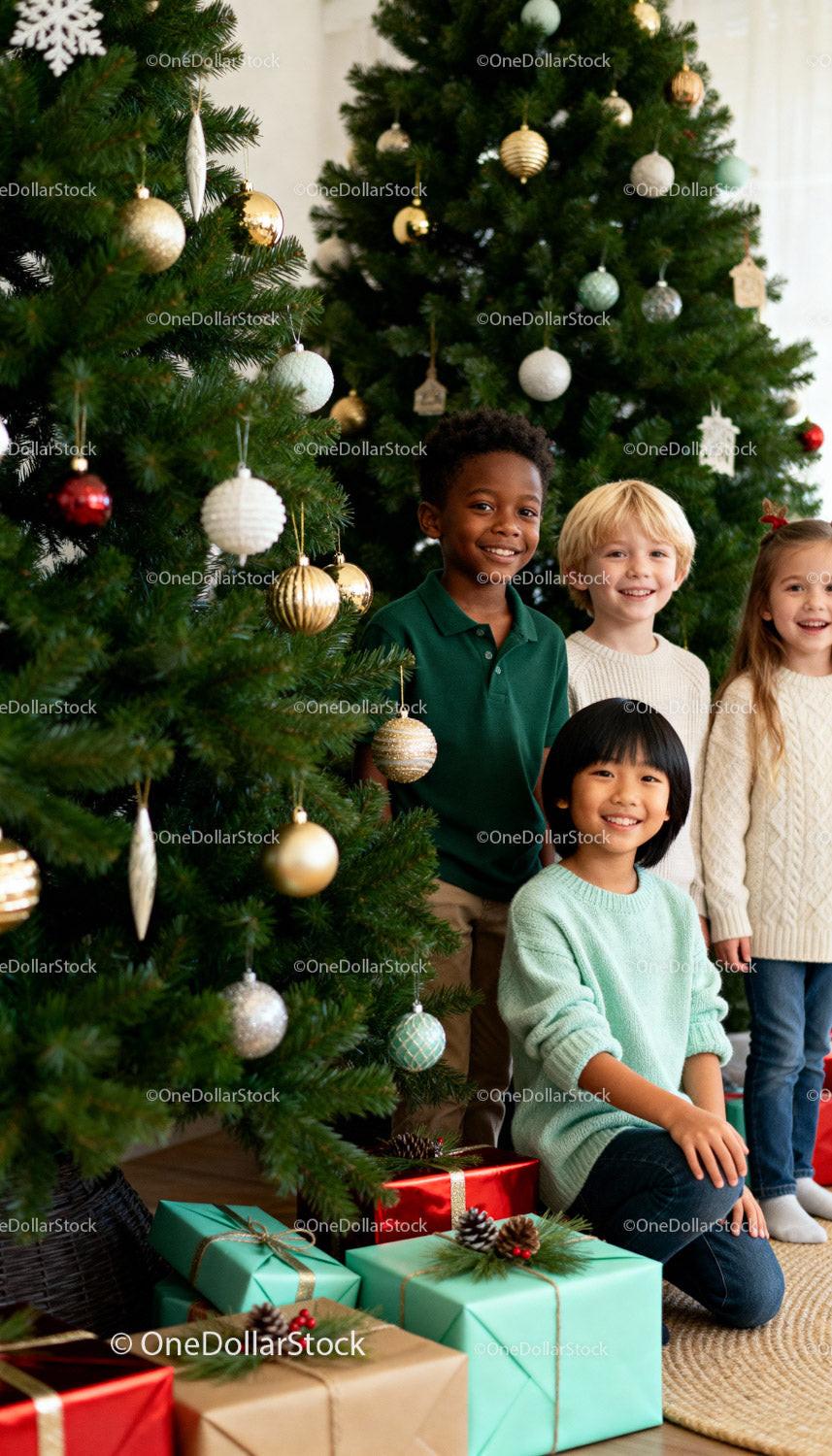Smiling children near decorated Christmas trees and gifts