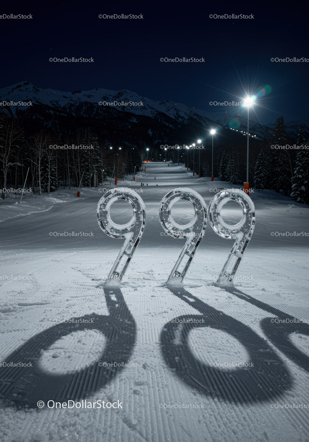 Illuminated 999 Sculpture on Snowy Mountain Slope at Night