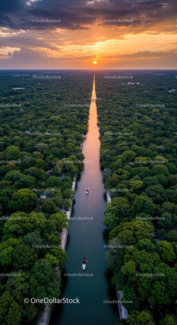 Sunset Over Lush Greenery Along Long Waterway with Boats