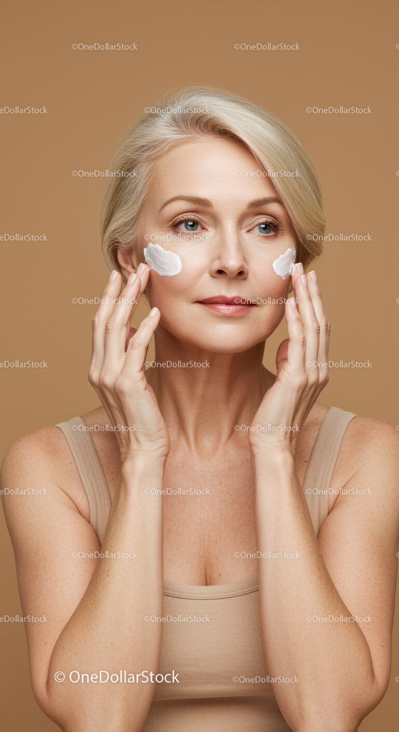 Elegant Mature Woman Applying Skincare Cream for Healthy Skin