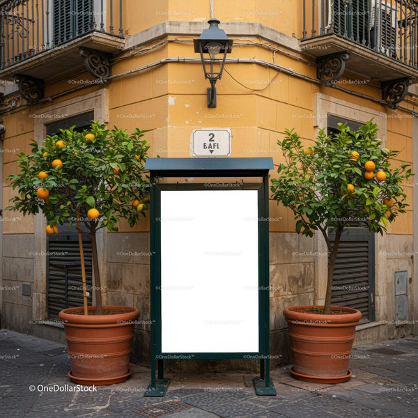 Street corner with blank advertisement and orange trees JPG Mockup Image
