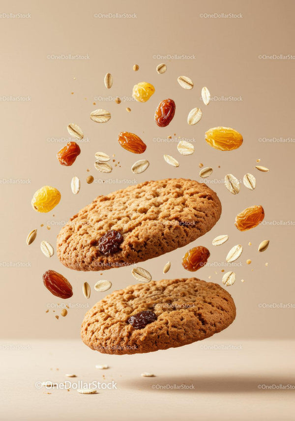 Oatmeal raisin cookies with floating dried fruits and oats