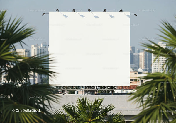 Blank white billboard with cityscape behind green palms JPG Mockup Image