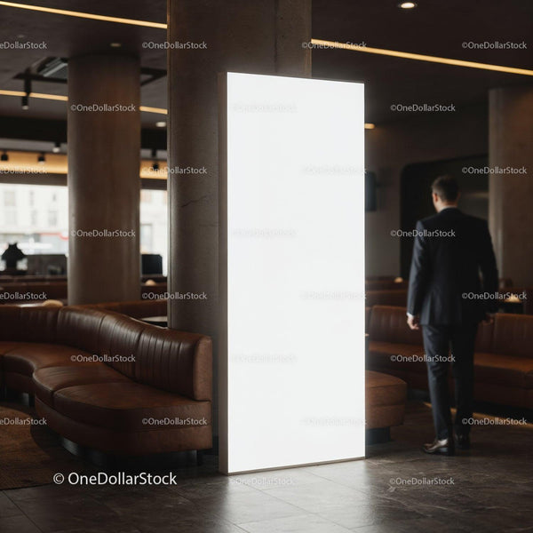 Modern lounge interior with illuminated advertising panel JPG Mockup Image