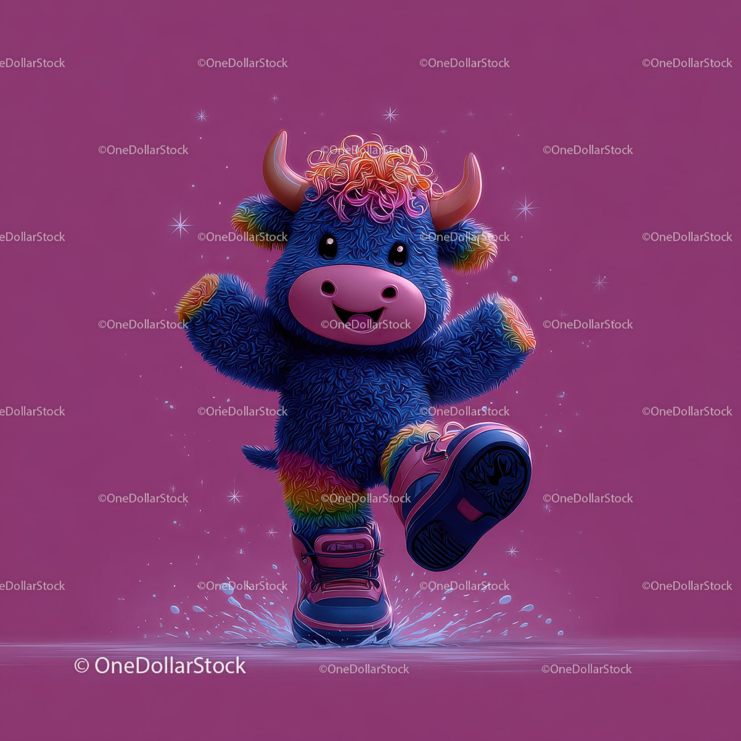 Colorful Furry Mascot with Rainbow Horns Wearing Boots and Smiling