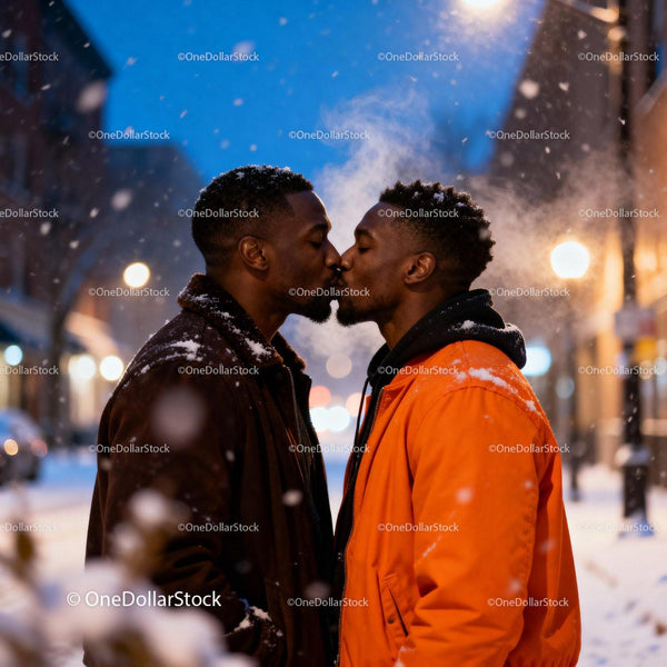 Couple sharing romantic kiss outdoors on snowy evening