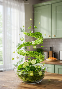 Fresh green salad ingredients swirling over glass bowl