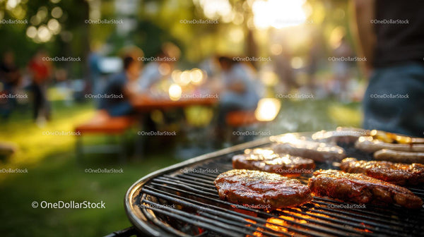Outdoor Barbecue Grill with Sizzling Meat During Summer Day