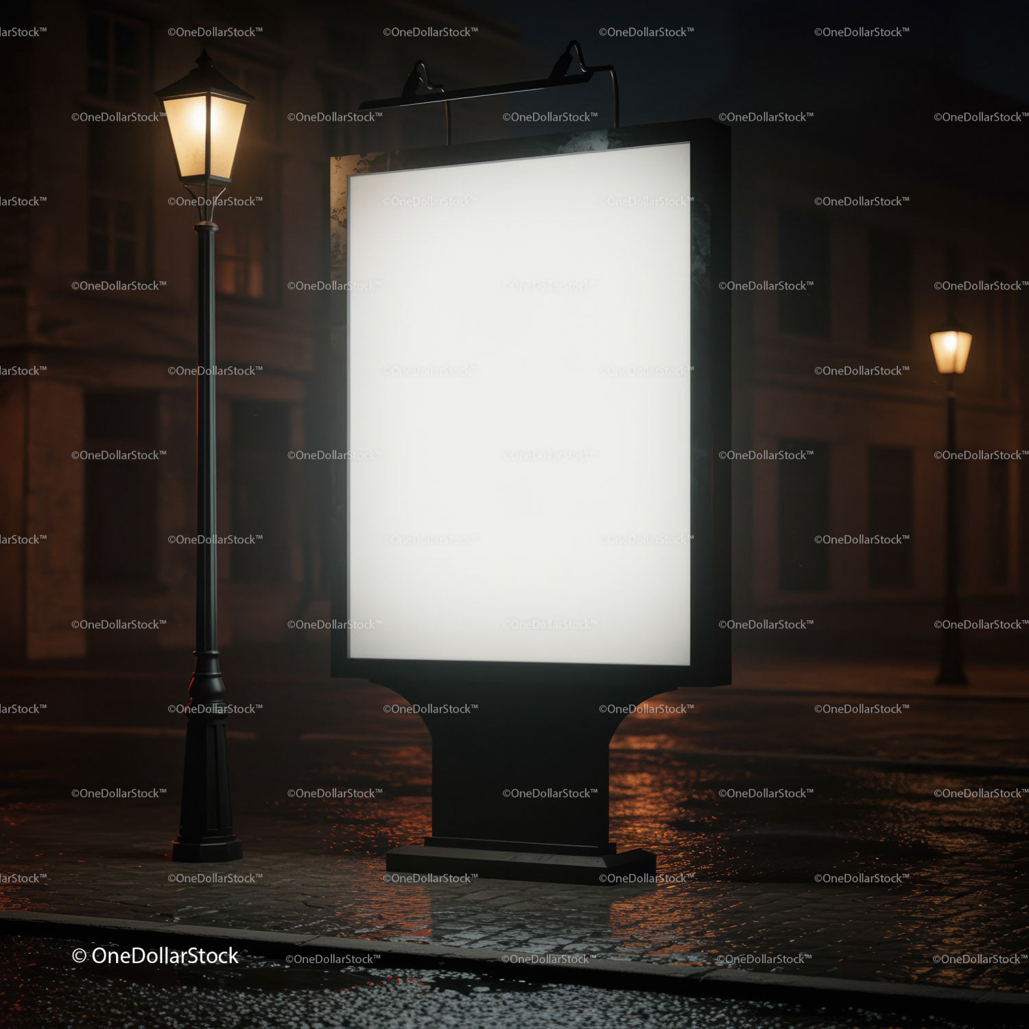 Oświetlony billboard na deszczowej, pustej ulicy miasta nocą
