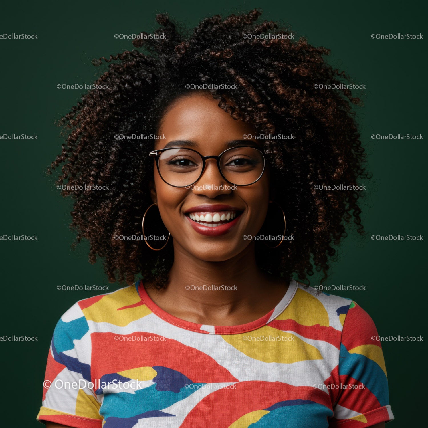 Happy Woman with Curly Hair Wearing Colorful T-Shirt and Glasses