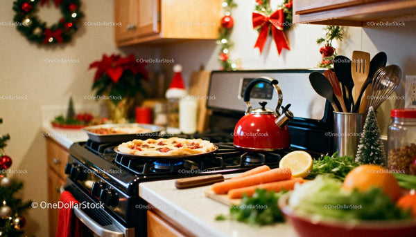 Cozy kitchen scene with homemade pizza and holiday decor