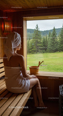 Woman Relaxing in Traditional Wooden Sauna with Forest View