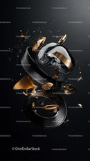 Breaking Glass Fragments with Gold Accents in Dynamic Motion
