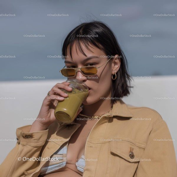 Fashionable Woman Drinking Matcha Latte Outdoor Lifestyle Scene