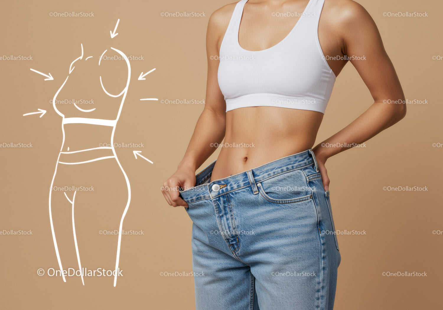 Slim Woman Measuring Waist with Loose Blue Jeans Wearing White Sports Bra