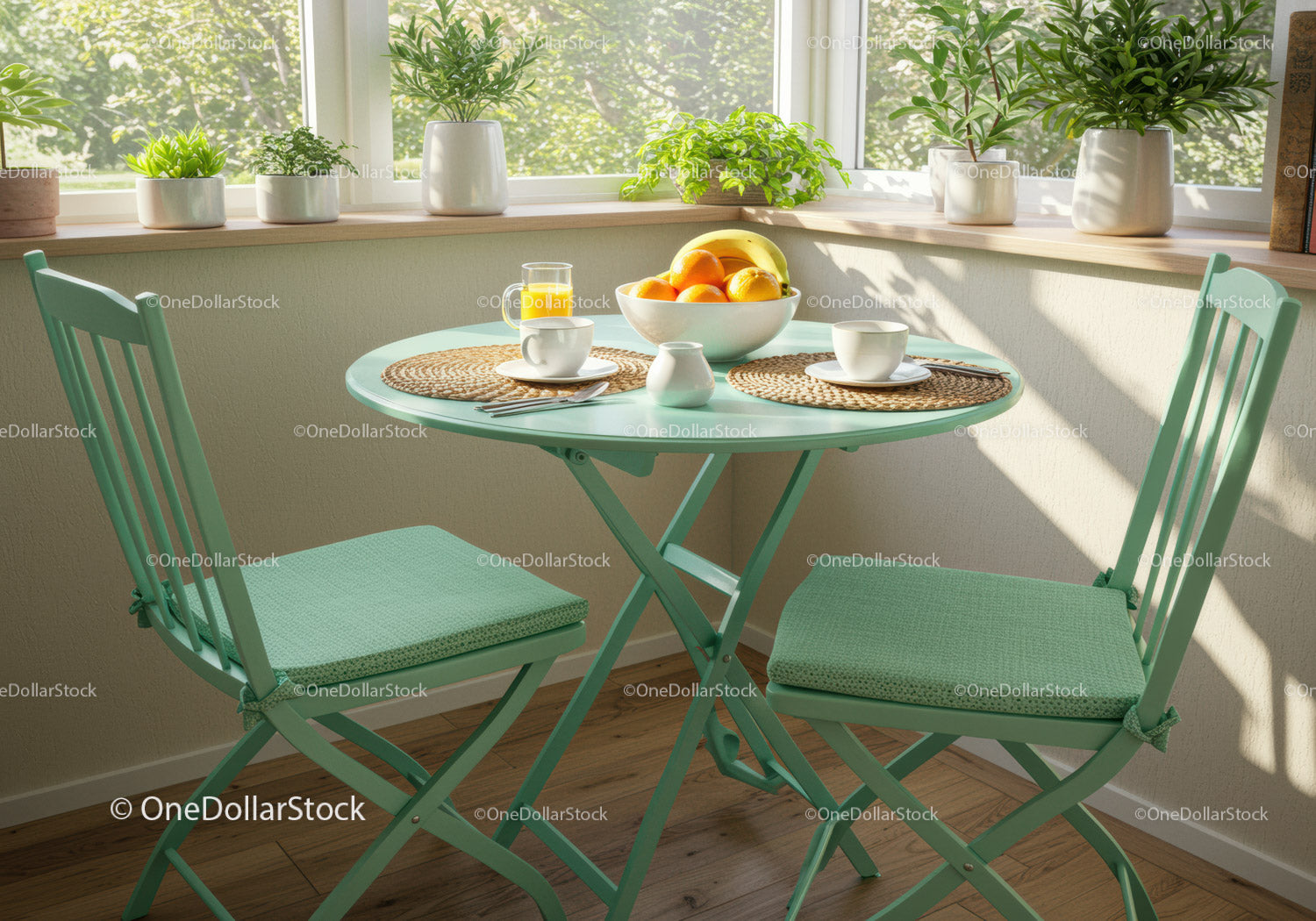 Cozy Breakfast Nook with Green Chairs and Fresh Fruit