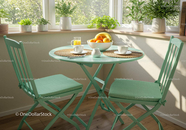 Cozy Breakfast Nook with Green Chairs and Fresh Fruit