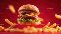Juicy Cheeseburger with Lettuce and Tomato in Crispy Fries Background