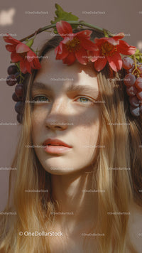 Young Woman with Red Floral Crown and Purple Grapes Outdoor Portrait